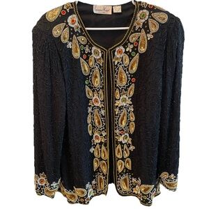 VTG Laurence Kazar Women’s Size 1X 80’s Black Sequin Beaded Silk Evening Jacket